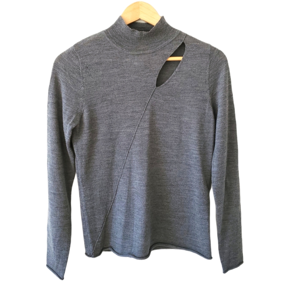 Max Studio Extrafine Merino Wool Grey Turtleneck Cutout Long Sleeve Sweater Sz S